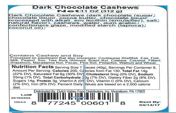 Dutch Valley Food Distributors Inc. ISSUES ALLERGY ALERT ON UNDECLARED MILK IN Item # 050605 12/11oz Dark Chocolate Almonds and Item # 050601 12/11oz Dark Chocolate Cashews
